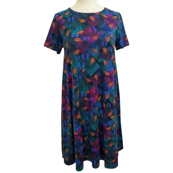 LULAROE Leaves Autumn Print High Low Long Dress Stretch Tee Shirt Pocket XS - Picture 7 of 11